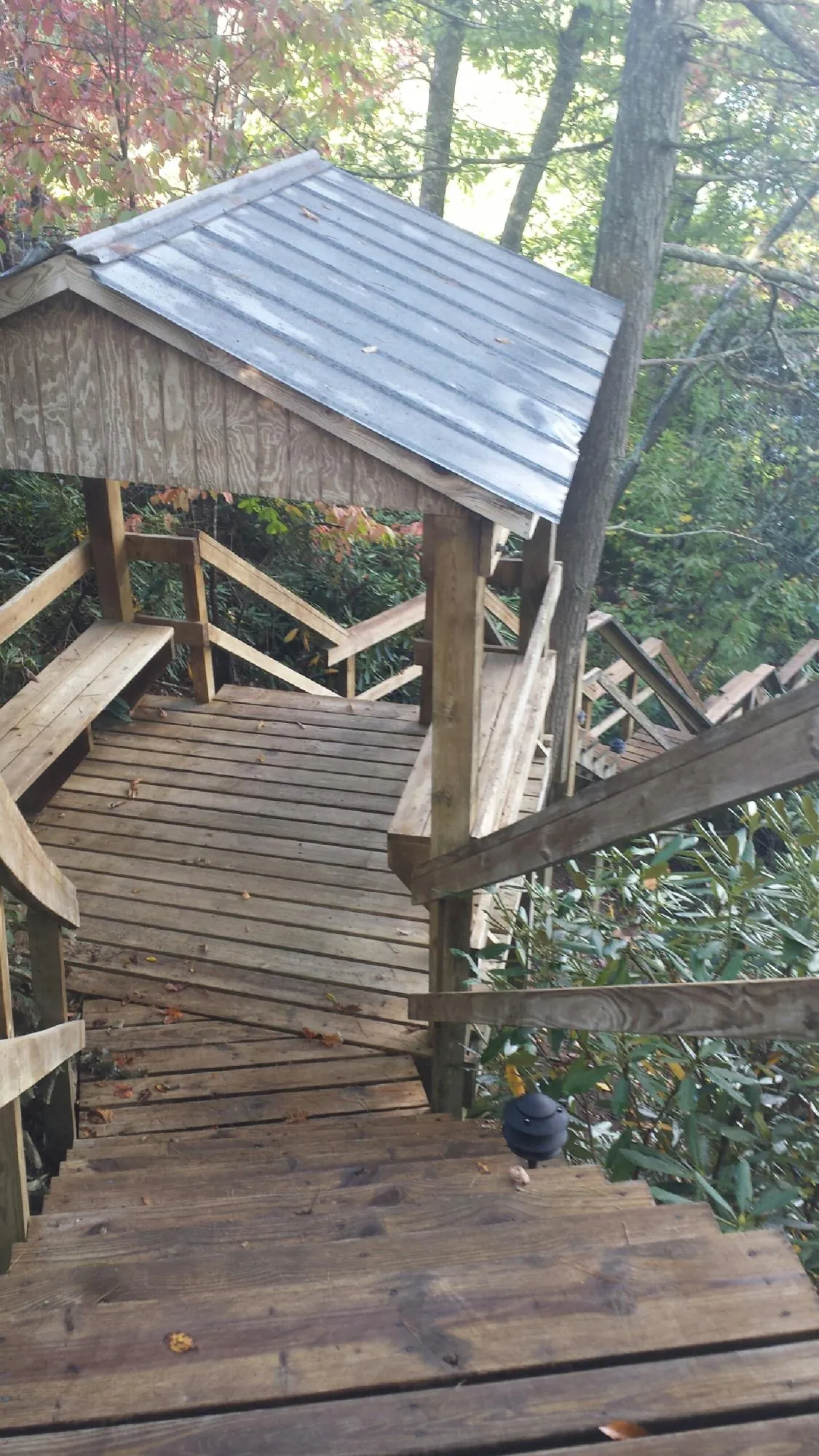 Metal roofed shelter over wooden steps on a wooded walkway — Skylight Repair & Installation work by our crew in Ponchatoula